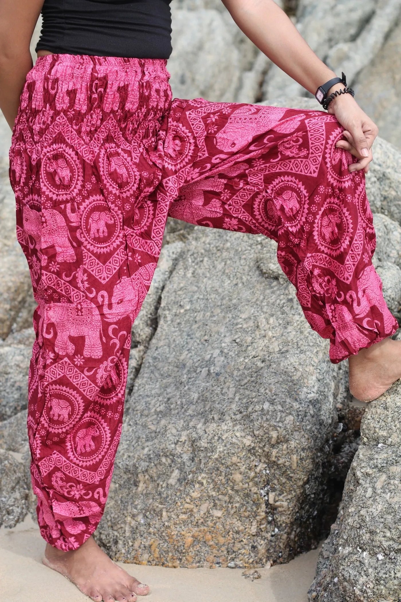 Harem Pants Women Unisex Comfy Boho Baggy Yoga Pants Elephant Black