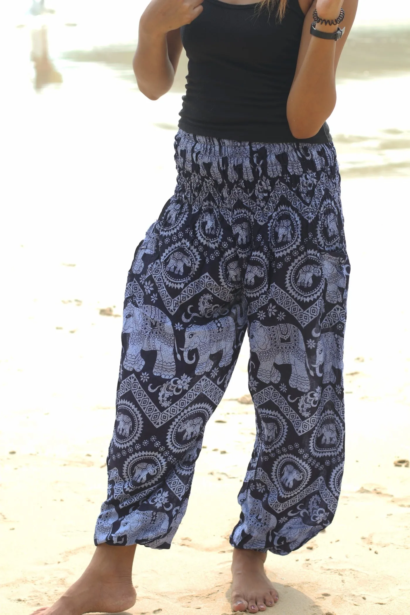 Harem Pants Women Unisex Comfy Boho Baggy Yoga Pants Elephant Black