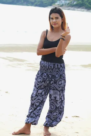 Harem Pants Women Unisex Comfy Boho Baggy Yoga Pants Elephant Black