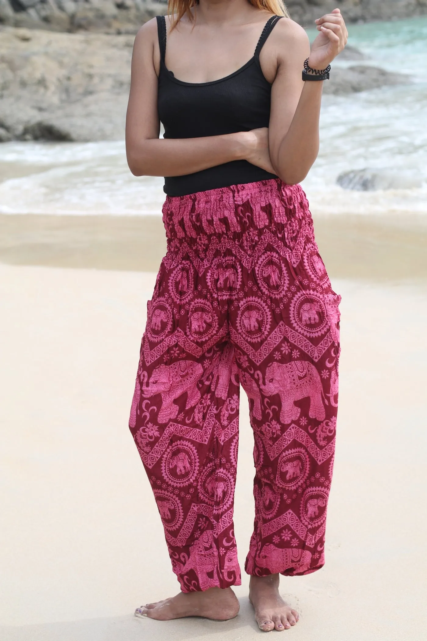 Harem Pants Women Unisex Comfy Boho Baggy Yoga Pants Elephant Black