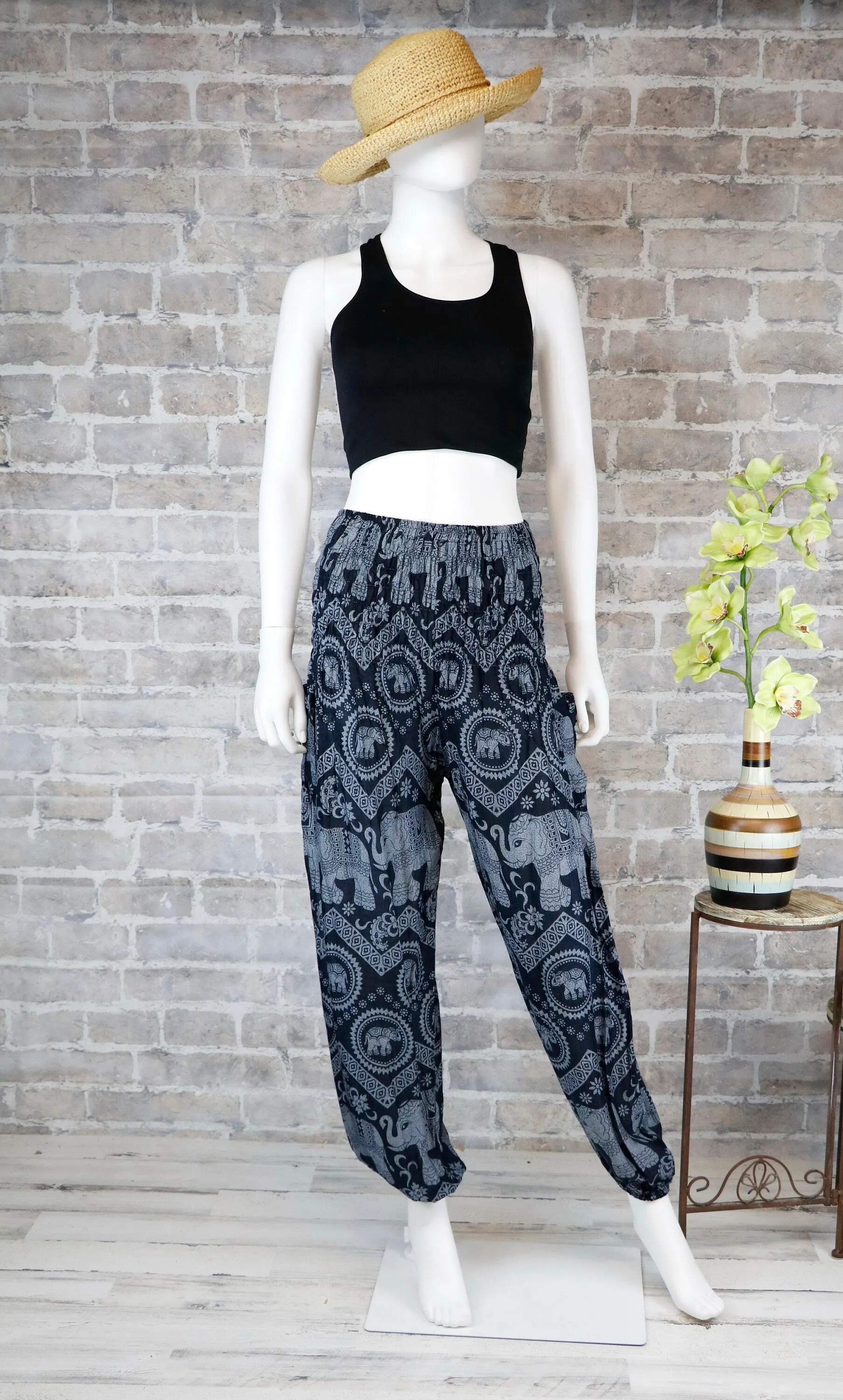 Harem Pants Women Unisex Comfy Boho Baggy Yoga Pants Elephant Black