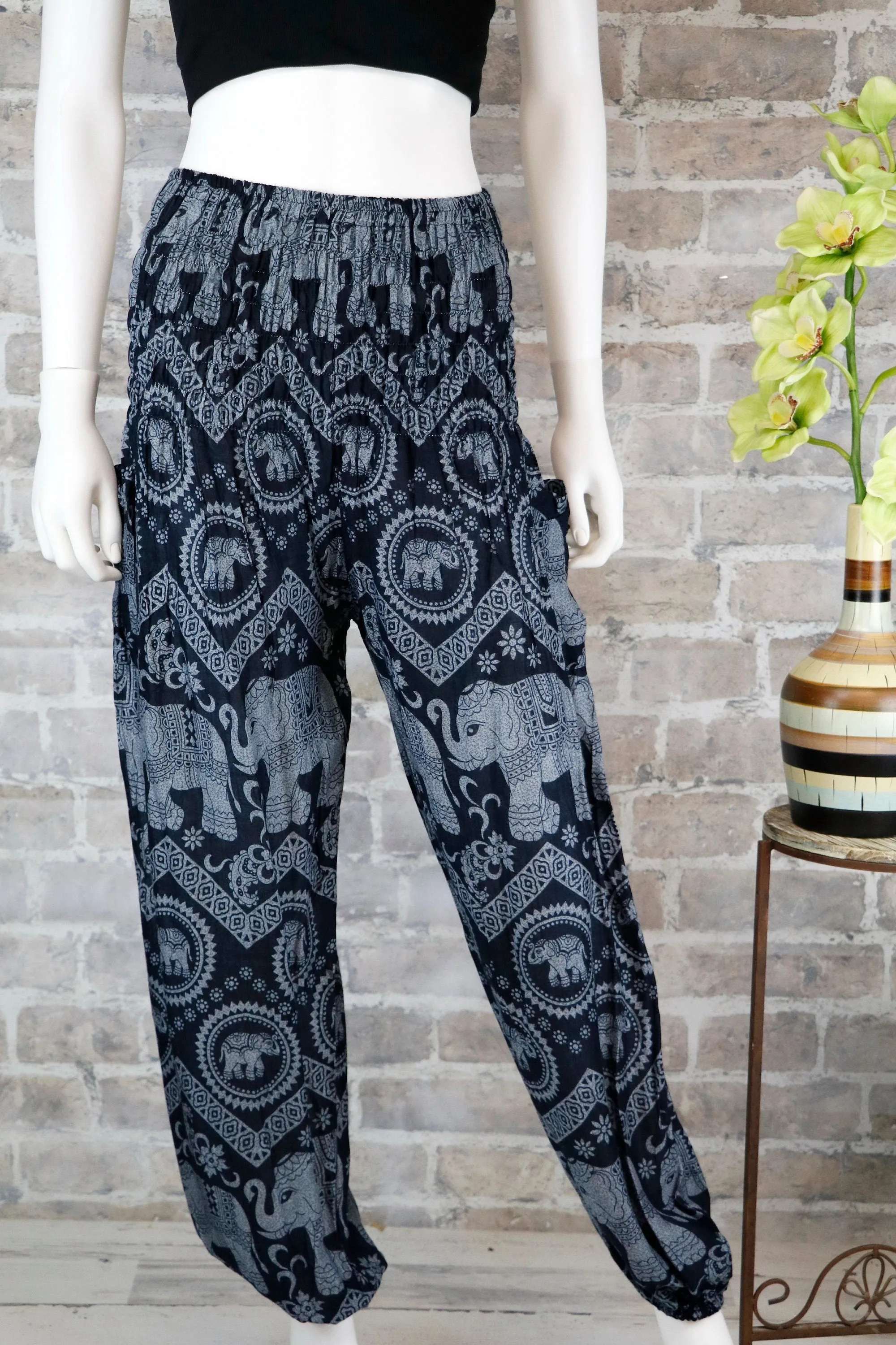Harem Pants Women Unisex Comfy Boho Baggy Yoga Pants Elephant Black