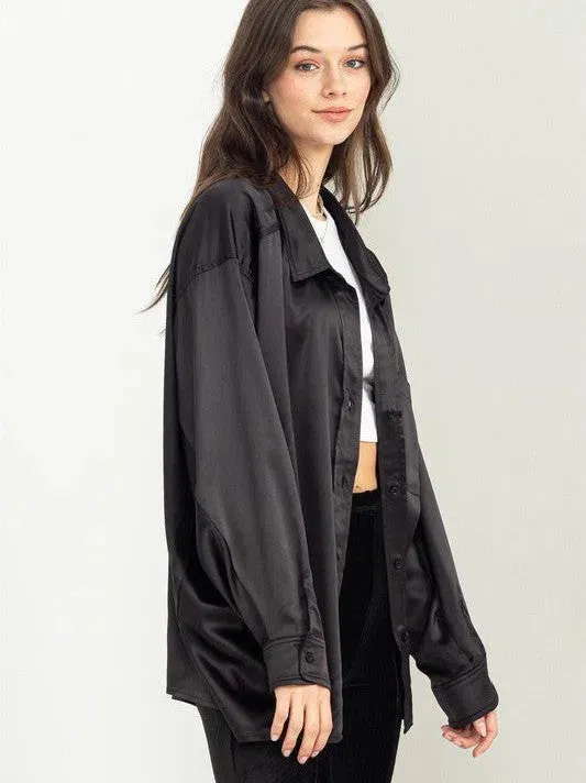 Irresistibly Charming Oversized Button Front Satin Shirt