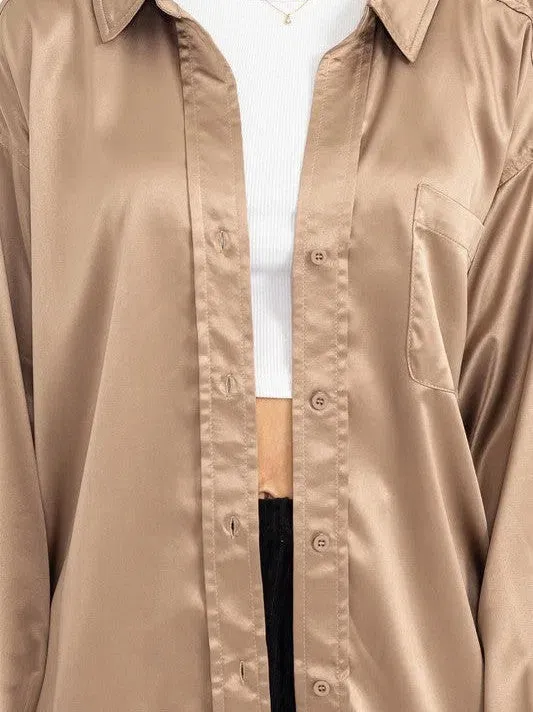Irresistibly Charming Oversized Button Front Satin Shirt