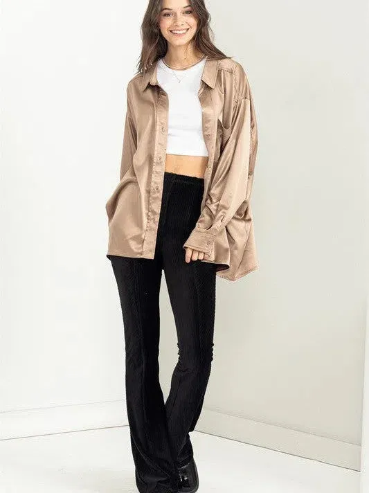 Irresistibly Charming Oversized Button Front Satin Shirt