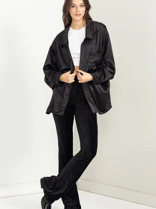 Irresistibly Charming Oversized Button Front Satin Shirt