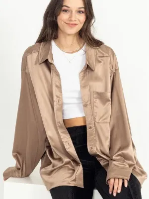 Irresistibly Charming Oversized Button Front Satin Shirt