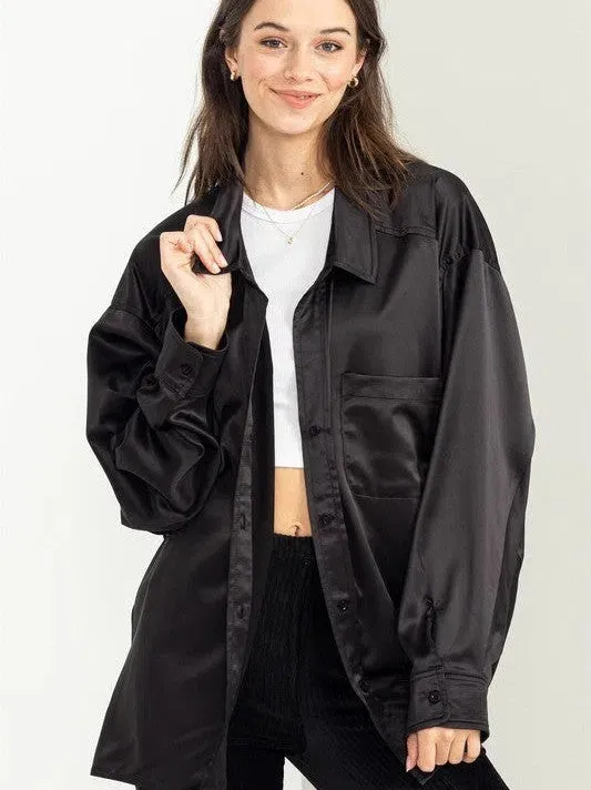 Irresistibly Charming Oversized Button Front Satin Shirt