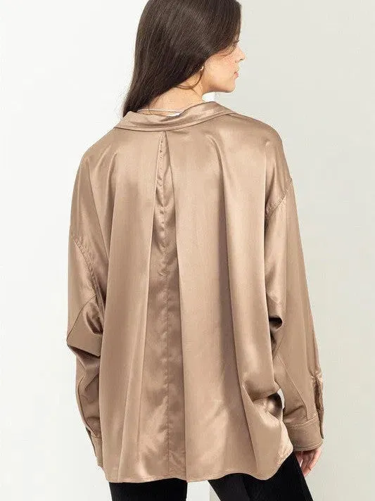Irresistibly Charming Oversized Button Front Satin Shirt