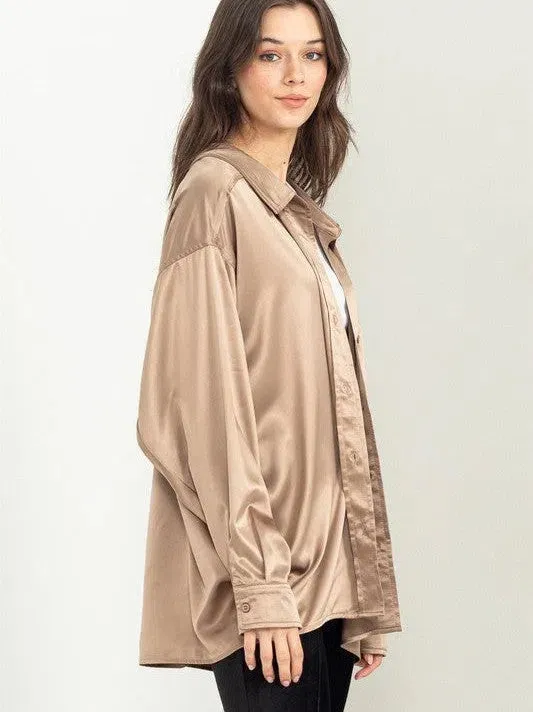 Irresistibly Charming Oversized Button Front Satin Shirt