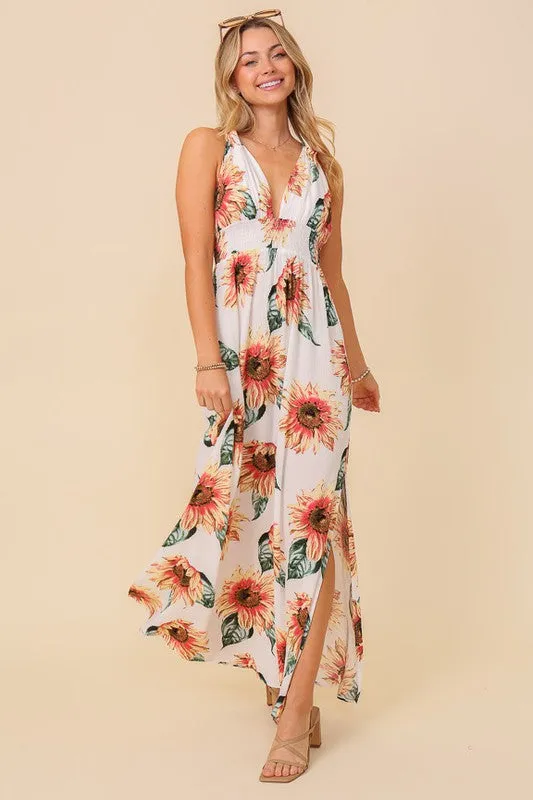 Ivory Sunflower Sleeveless Maxi Dress