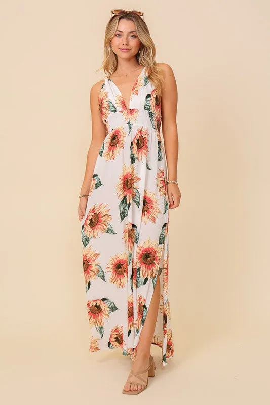 Ivory Sunflower Sleeveless Maxi Dress
