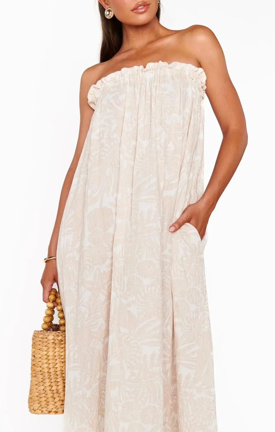 Juakoso Women Y2k Strapless Maxi Dress Floral Print Flowy A Line Long Dress Elegant Summer Vacation Party Dresses Beachwear