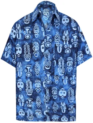 LA LEELA Men's Wear Summer Everyday Essentials  Casual  Shirt 100% NATURAL COTTON Tropical  Aloha Shirt  Hand Printed Royal Blue