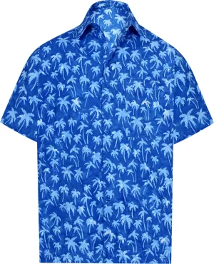 LA LEELA Men's Wear Summer Everyday Essentials Holiday Casual  Shirt 100% NATURAL COTTON  Palm tree hand Printed Royal Blue Hawaiian shirt