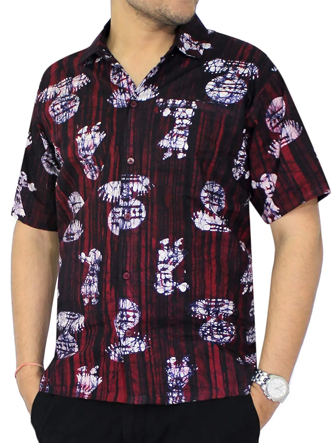 LA LEELA Shirt Casual Button Down Short Sleeve Beach Shirt Men Embroidered 8