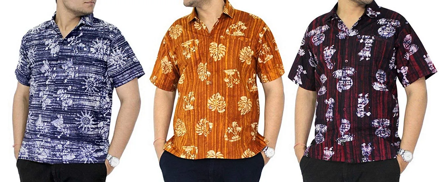 LA LEELA Shirt Casual Button Down Short Sleeve Beach Shirt Men Embroidered 8