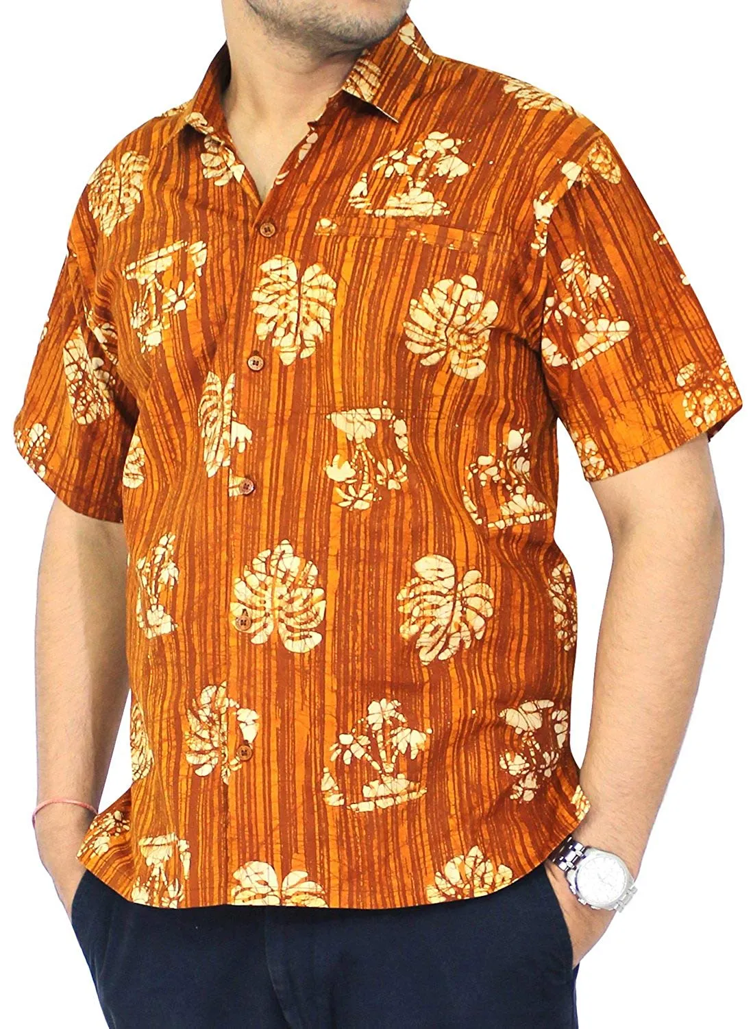 LA LEELA Shirt Casual Button Down Short Sleeve Beach Shirt Men Embroidered 8