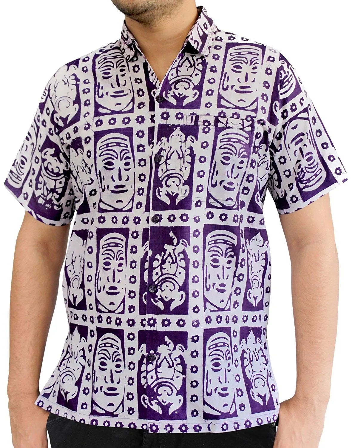 LA LEELA Shirt Casual Button Down Short Sleeve Beach Shirt Men Embroidered 8
