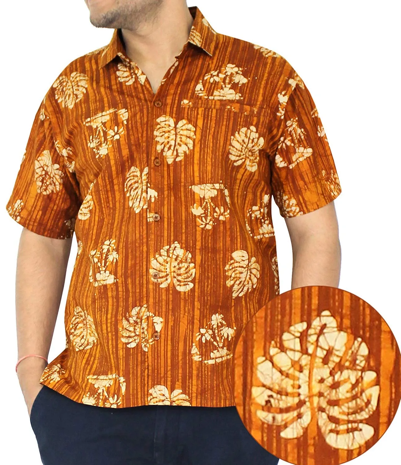 LA LEELA Shirt Casual Button Down Short Sleeve Beach Shirt Men Embroidered 8