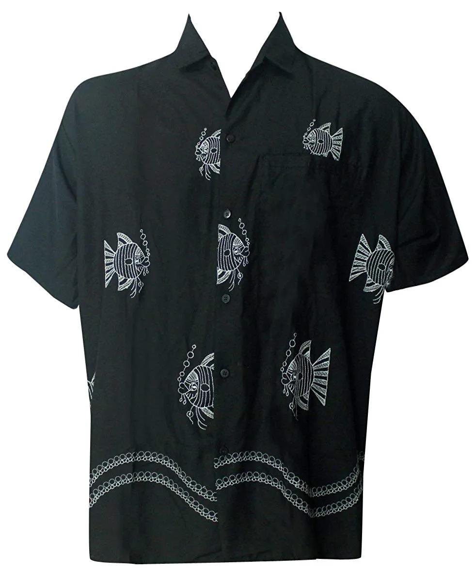 LA LEELA Shirt Casual Button Down Short Sleeve Beach Shirt Men Embroidered 8
