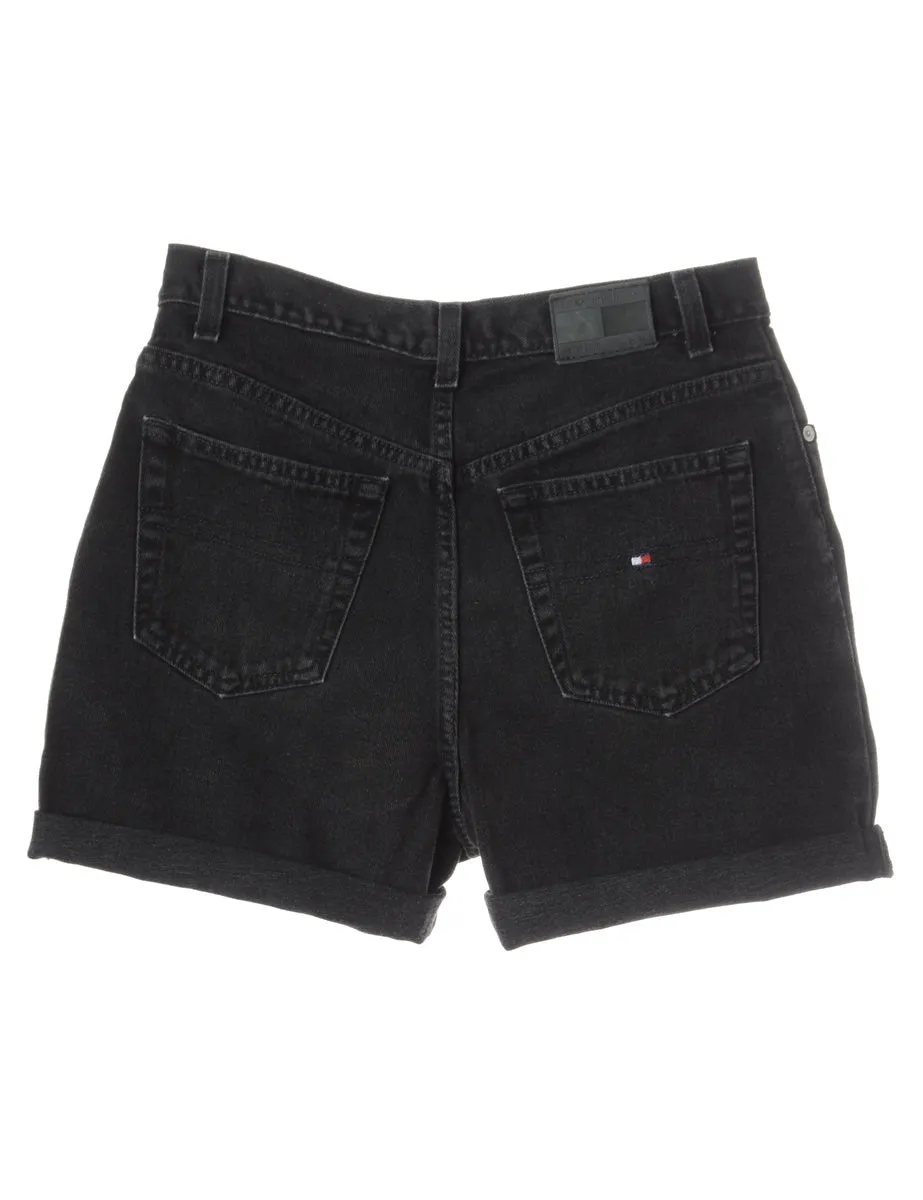 Label Rolled Hem Black Denim Shorts