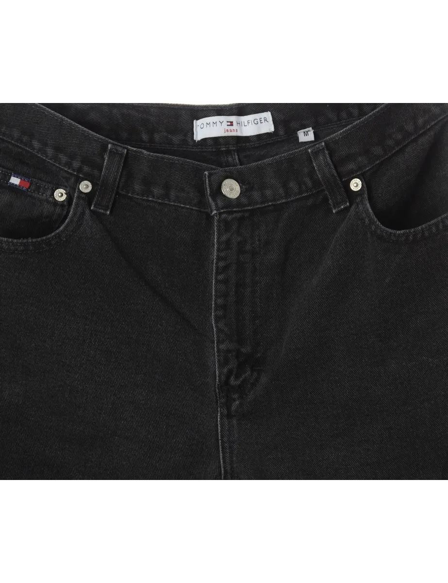 Label Rolled Hem Black Denim Shorts