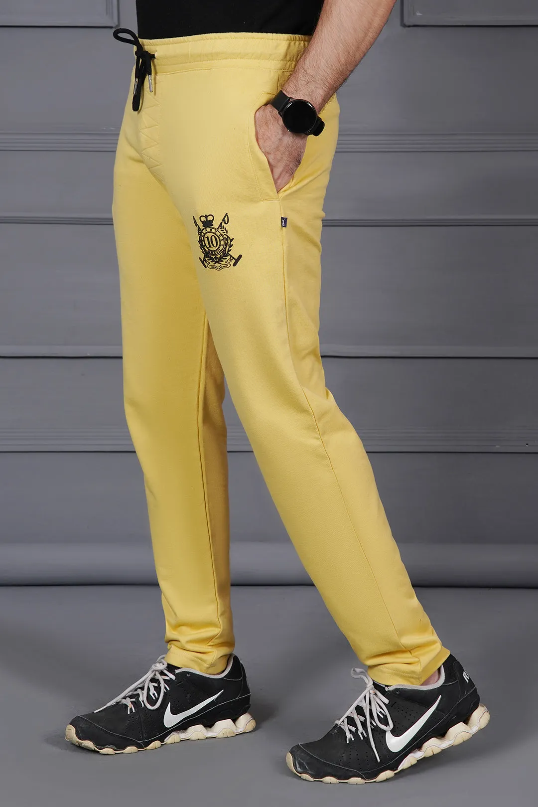 Light Mustard Soild Trouser With Black Emblem
