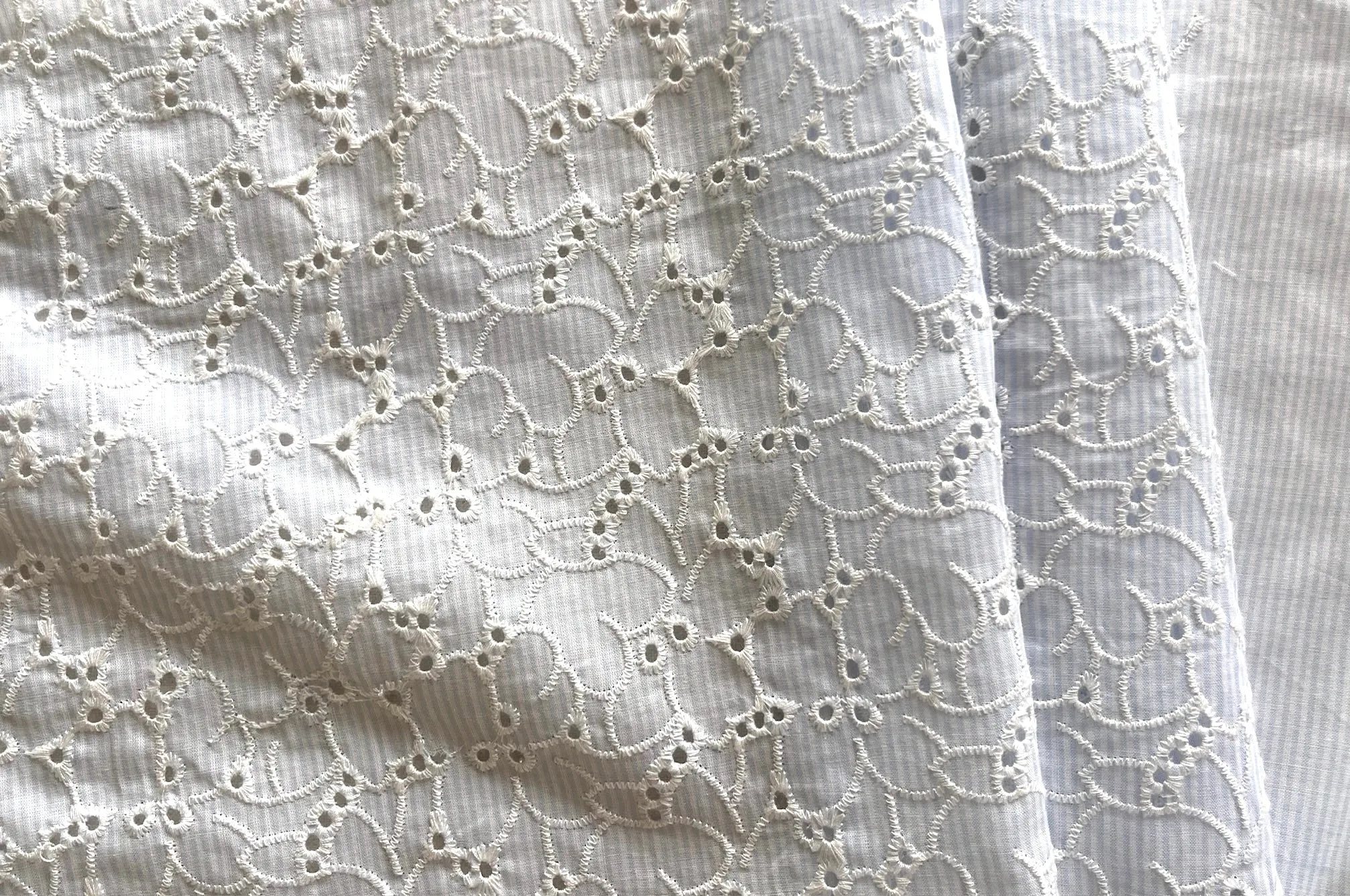 Light-Weight Pale Blue Striped Embroidered Cotton Eyelet (Made in Italy)