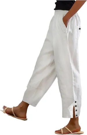 Linen Capri Pants for Women Summer Casual Beach Solid Color Plus Size High Waisted Linen Pants Cotton Comfy Lounge Trousers