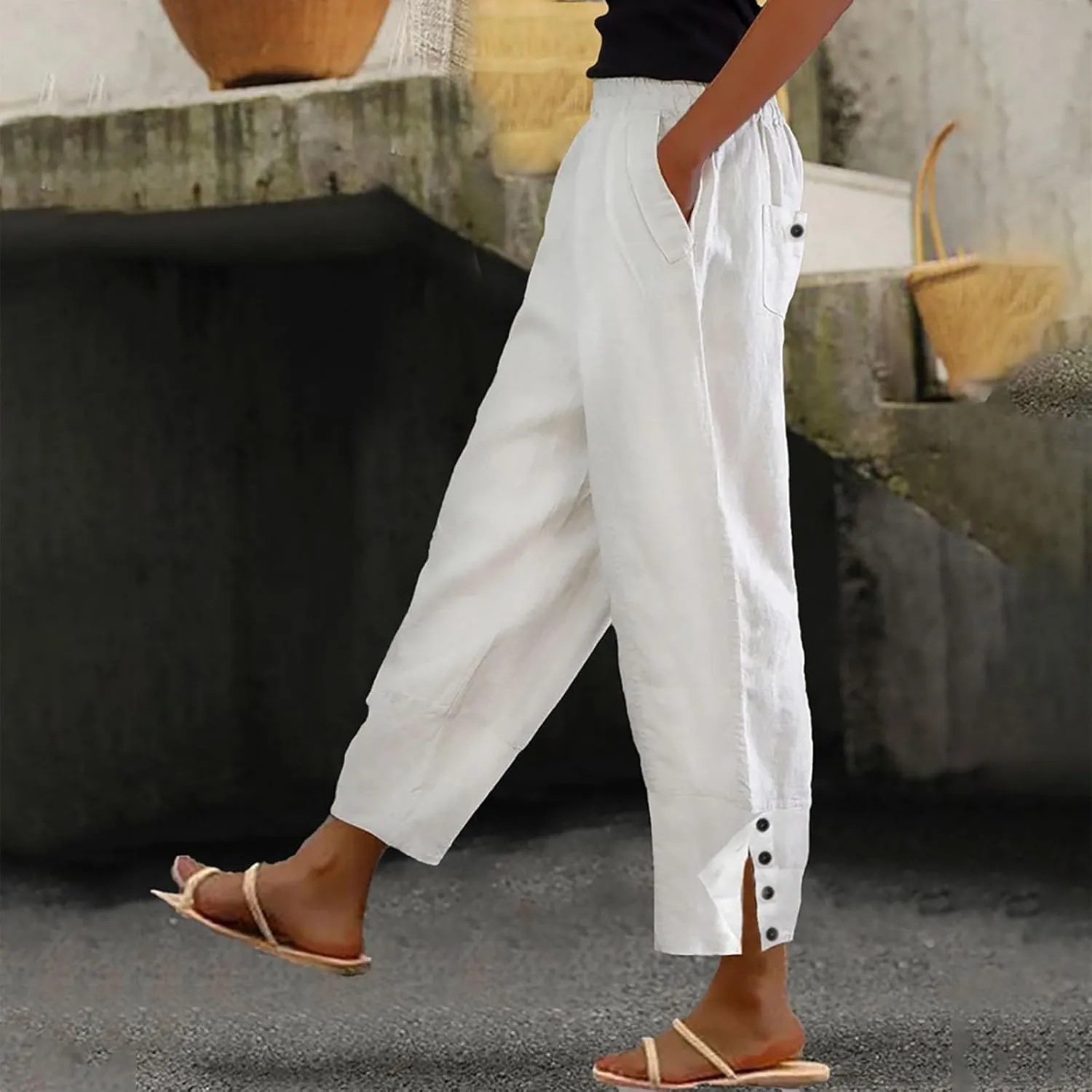 Linen Capri Pants for Women Summer Casual Beach Solid Color Plus Size High Waisted Linen Pants Cotton Comfy Lounge Trousers
