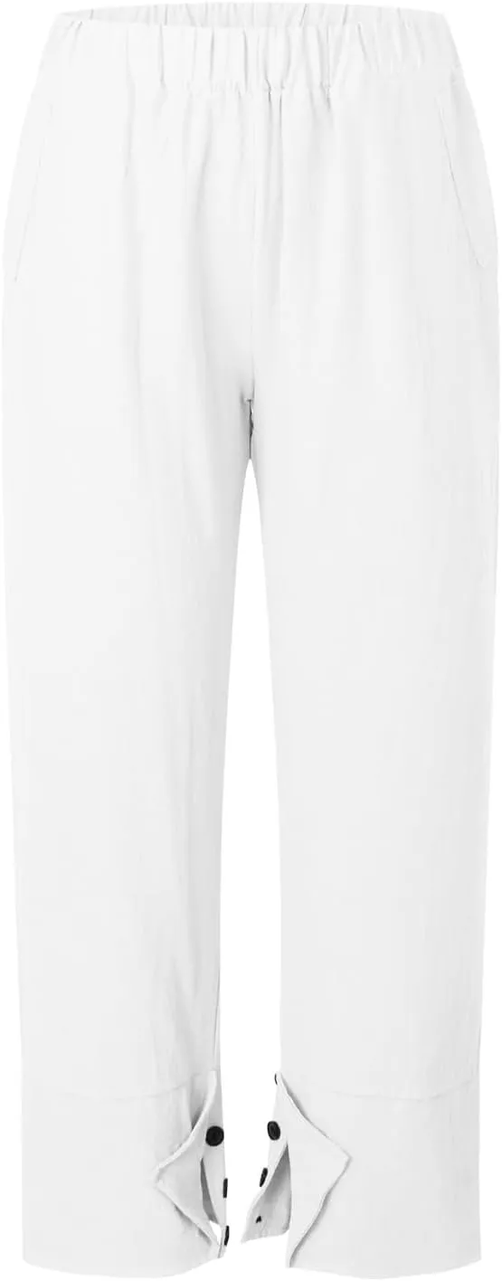 Linen Capri Pants for Women Summer Casual Beach Solid Color Plus Size High Waisted Linen Pants Cotton Comfy Lounge Trousers