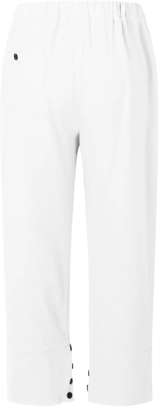 Linen Capri Pants for Women Summer Casual Beach Solid Color Plus Size High Waisted Linen Pants Cotton Comfy Lounge Trousers
