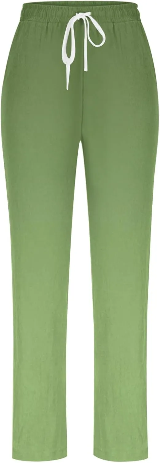 Linen Pants for Women Casual Summer Loose Boho Straight Leg High Waist Solid Color Linen Pants Breathable Ankle Trousers