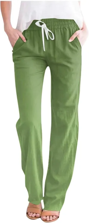Linen Pants for Women Casual Summer Loose Boho Straight Leg High Waist Solid Color Linen Pants Breathable Ankle Trousers