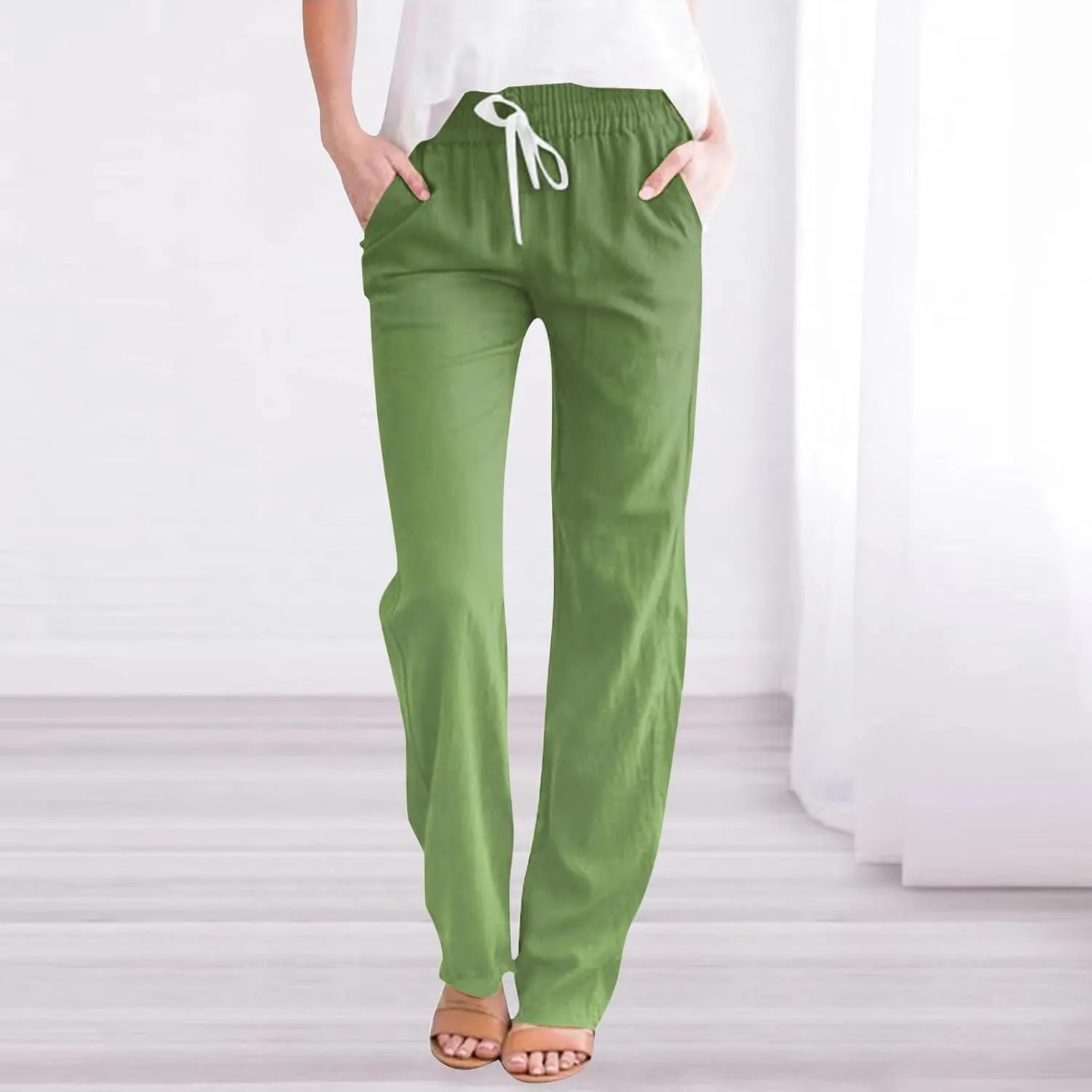 Linen Pants for Women Casual Summer Loose Boho Straight Leg High Waist Solid Color Linen Pants Breathable Ankle Trousers