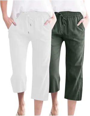 Lmdudan 2 Pcs Cotton Linen Capri Pants for Women Casual 2025 Summer Drawstring Elastic Waist Pant Wide Leg Cropped Trousers