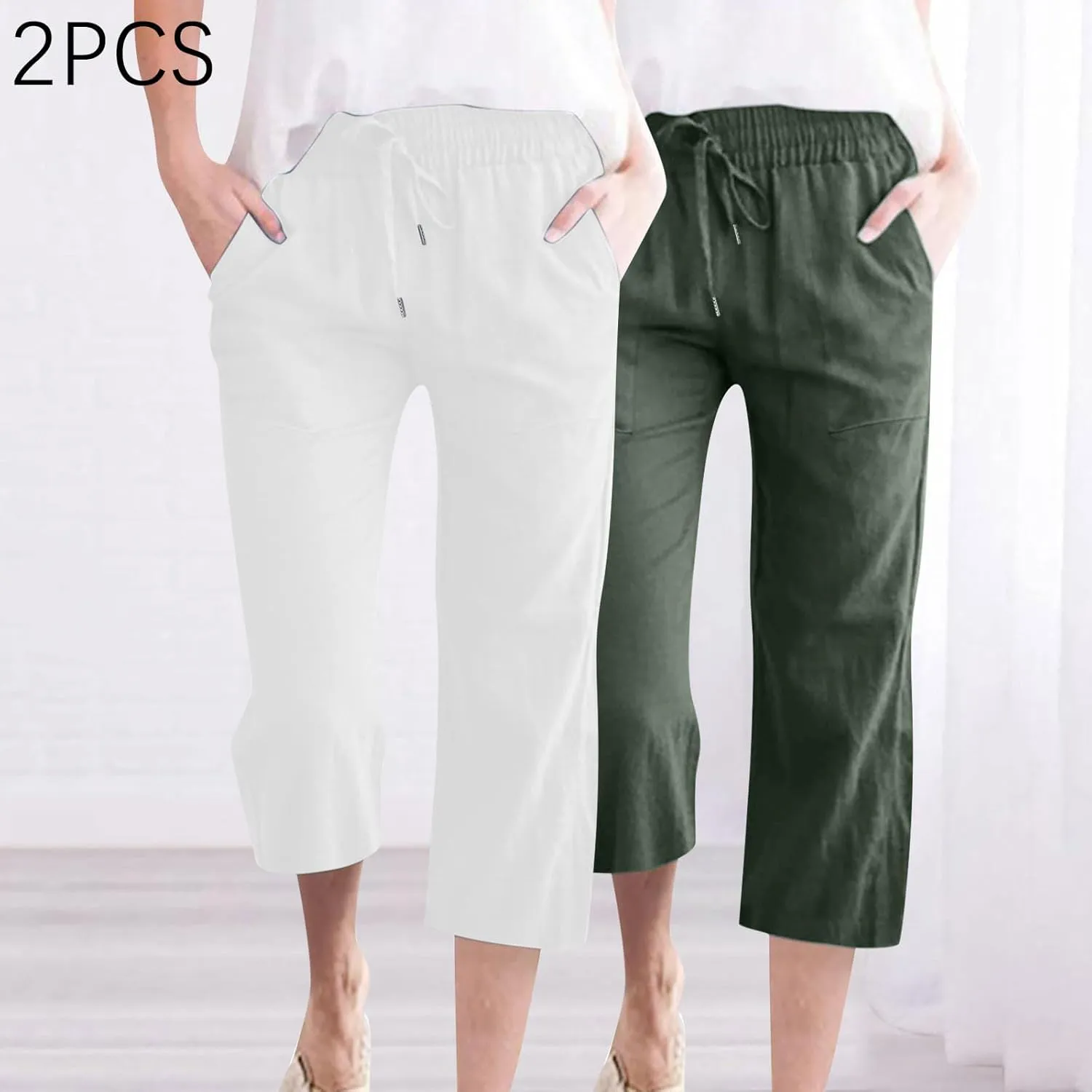 Lmdudan 2 Pcs Cotton Linen Capri Pants for Women Casual 2025 Summer Drawstring Elastic Waist Pant Wide Leg Cropped Trousers