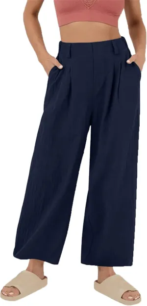 Lmdudan Cotton Linen Work Pants Women Business Casual Dressy Trousers Slacks Elastic High Waist Straight Leg Pant with Pocket