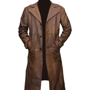 Men’s Waxed Brown Genuine Leather Trench Coat | Mens Waxed Brown Leather Trench Coat