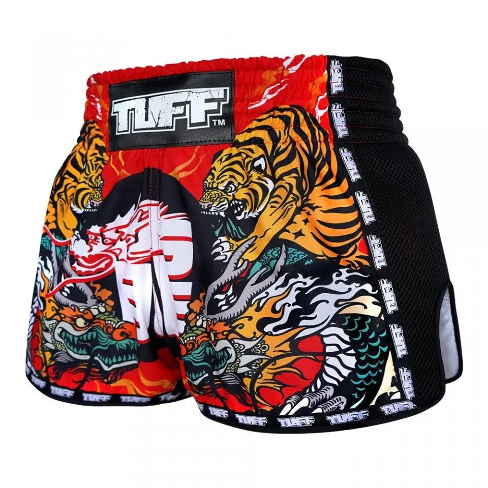 MRS204 TUFF Muay Thai Shorts Retro Style Red Chinese Dragon and Tiger