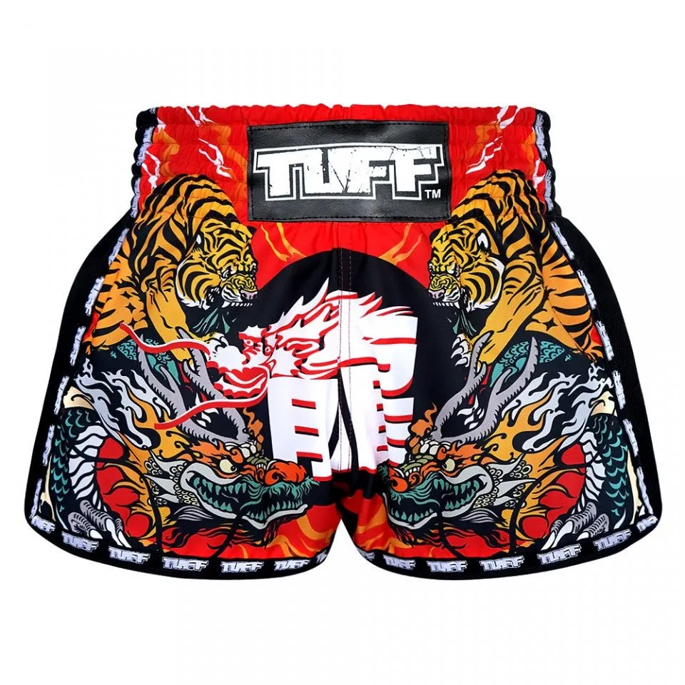 MRS204 TUFF Muay Thai Shorts Retro Style Red Chinese Dragon and Tiger