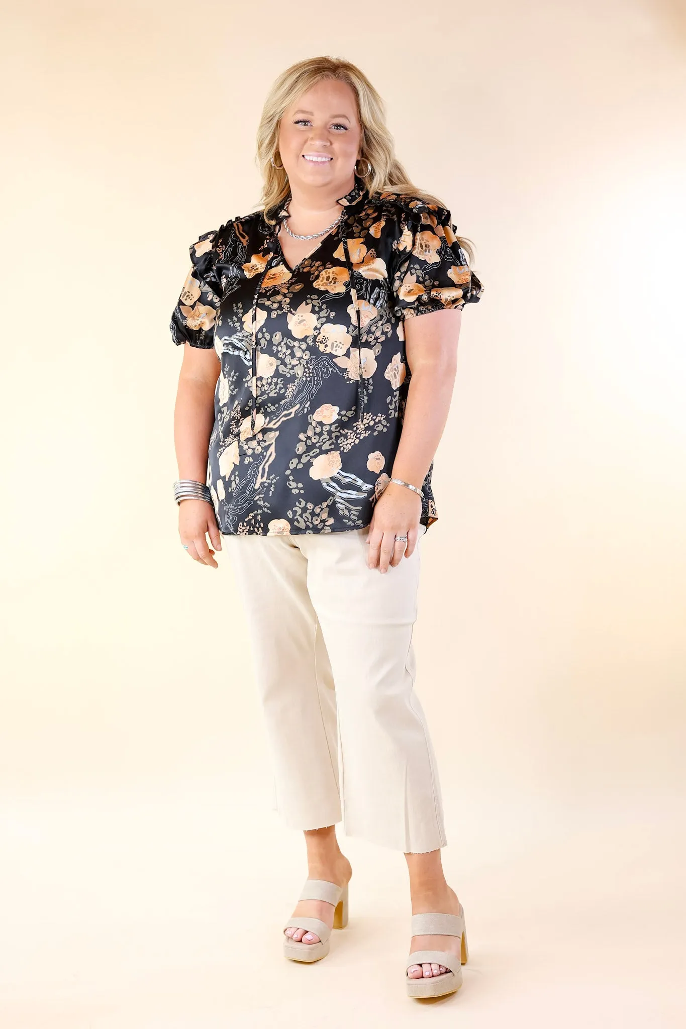 One And Only Mix Print Satin Blouse with Keyhole Front in Black