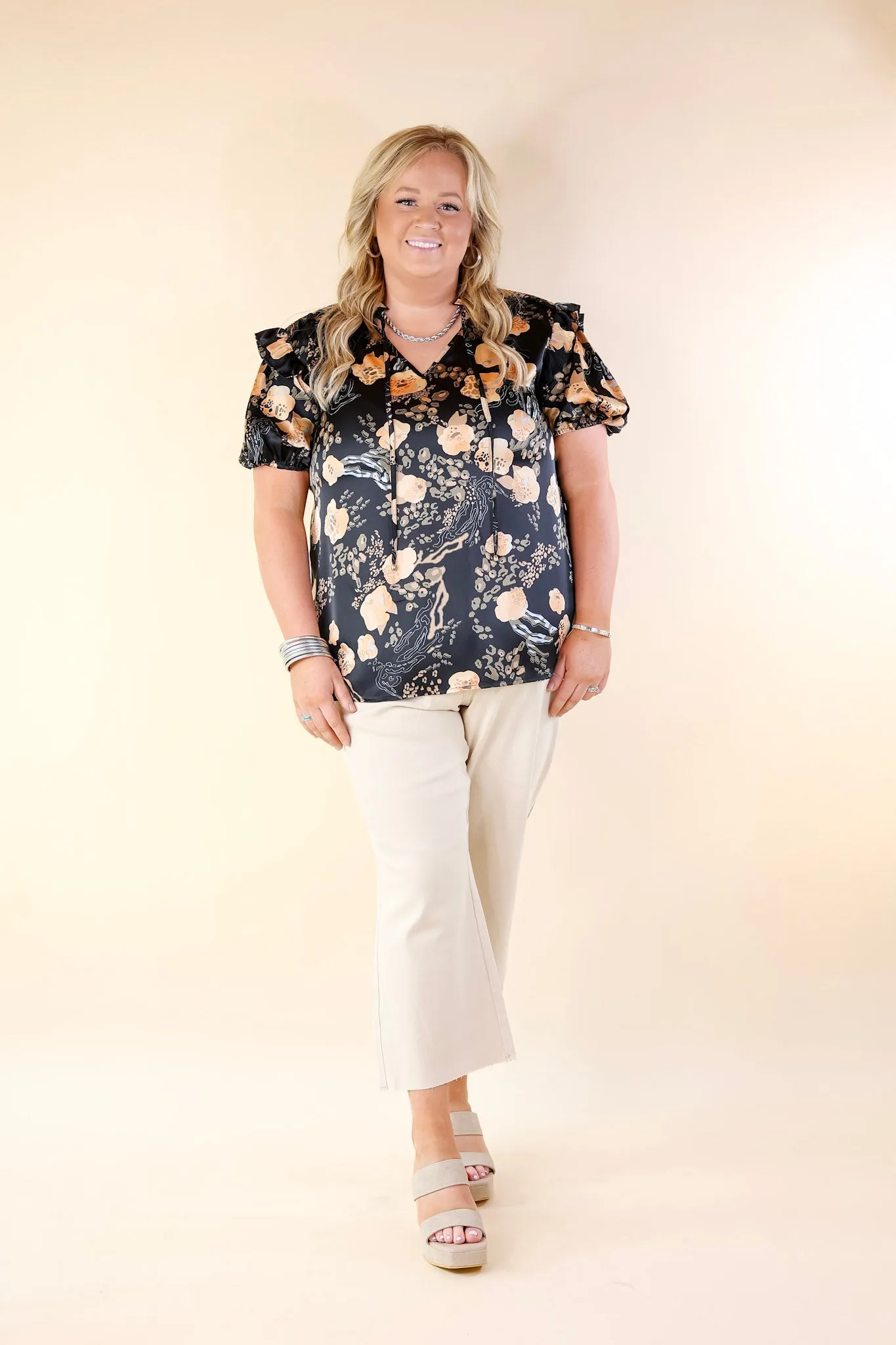 One And Only Mix Print Satin Blouse with Keyhole Front in Black
