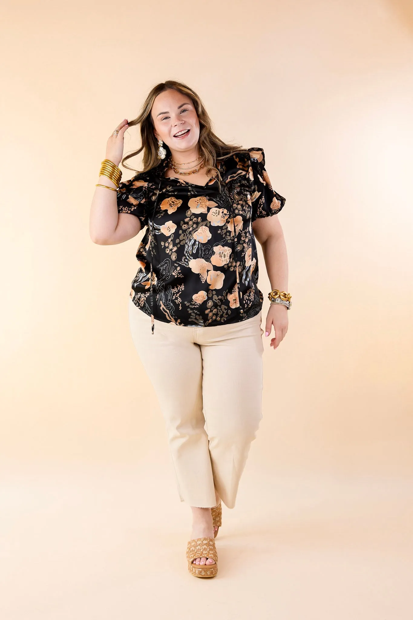 One And Only Mix Print Satin Blouse with Keyhole Front in Black