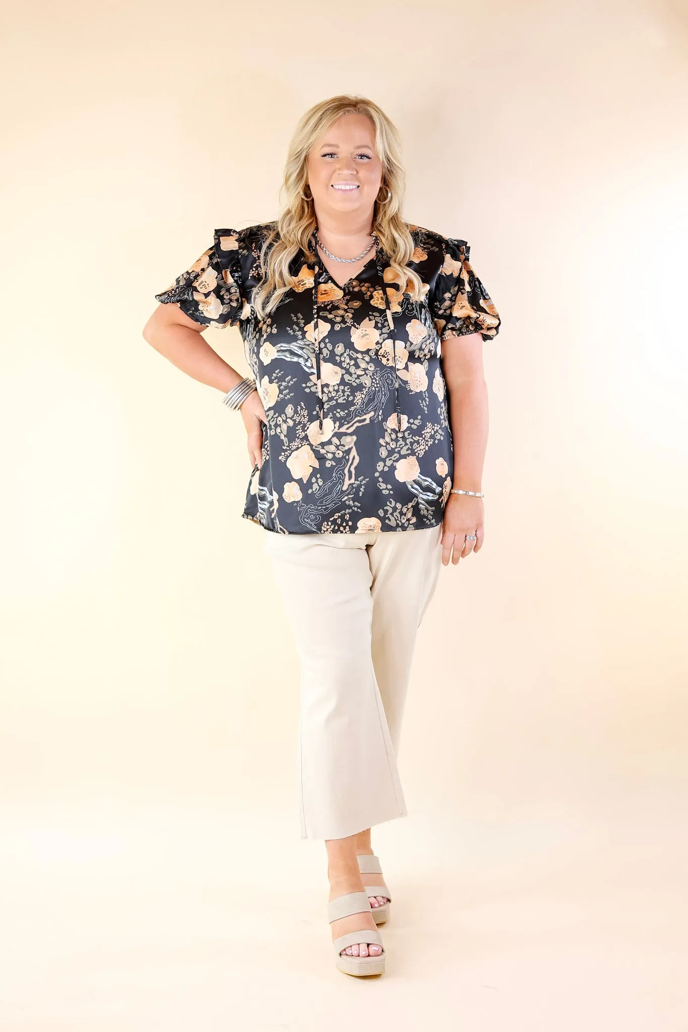 One And Only Mix Print Satin Blouse with Keyhole Front in Black