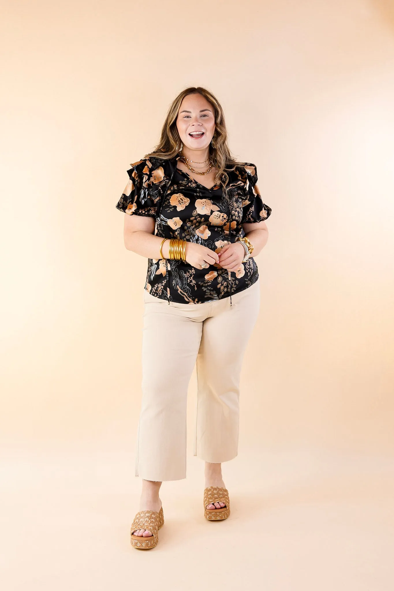 One And Only Mix Print Satin Blouse with Keyhole Front in Black