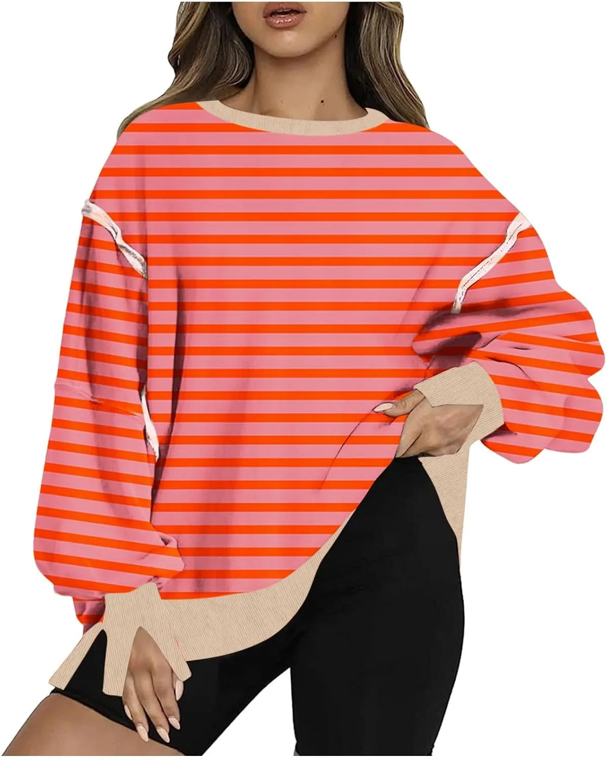 Oversize Splicing Striped Sweatshirts for Womens Pullover Tops Trendy Round Neck Long Sleeve Casual Soft Sweatshirt