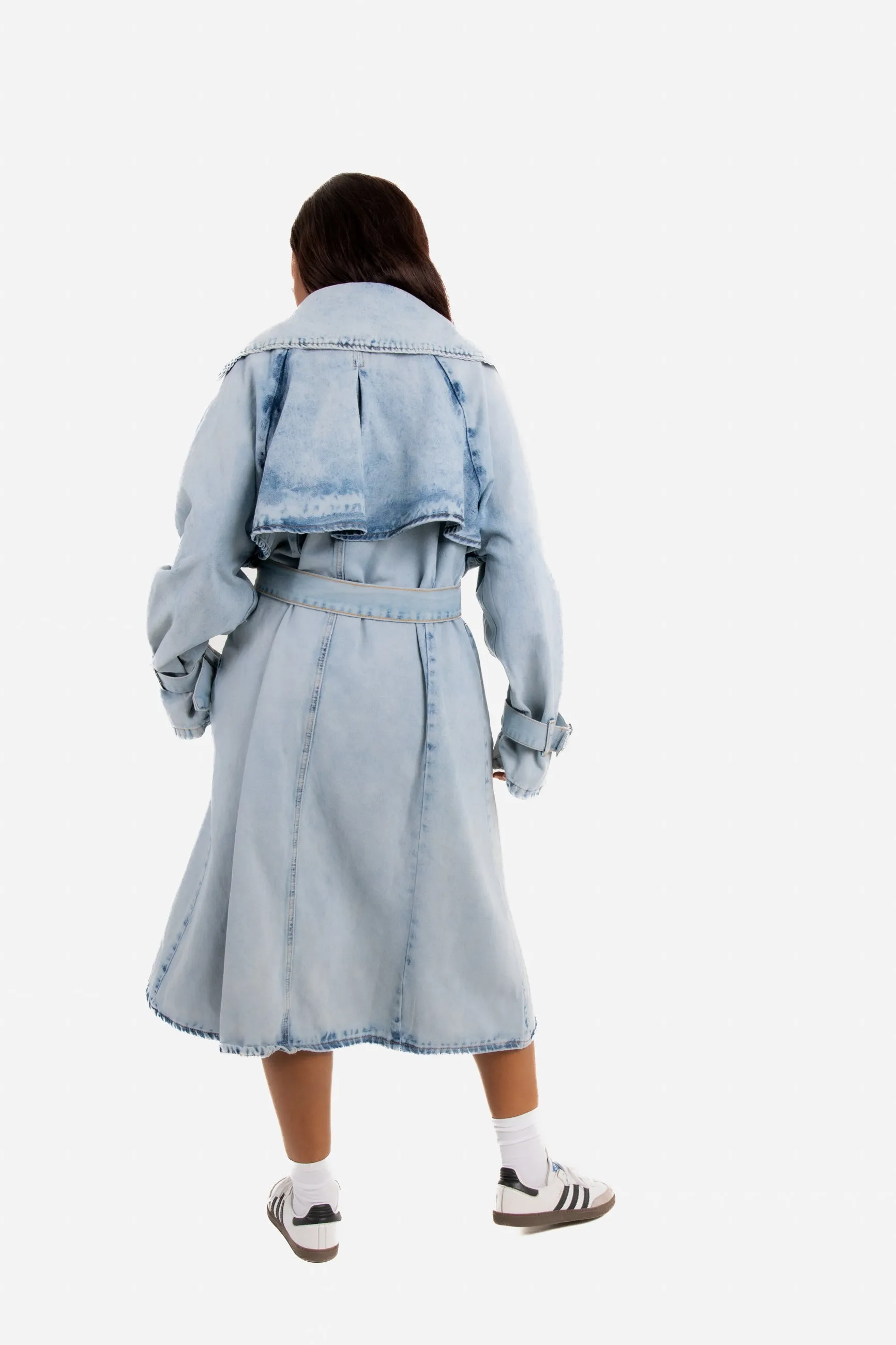 Oversized Denim Bleach-Wash Trench