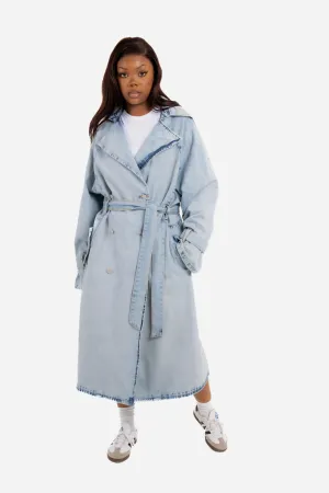 Oversized Denim Bleach-Wash Trench